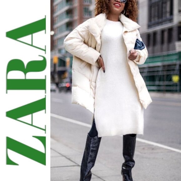 ZARA Mid Length Oversized Cocoon Puffer Coat Cream Water Resistant, Size Large - Picture 9 of 16